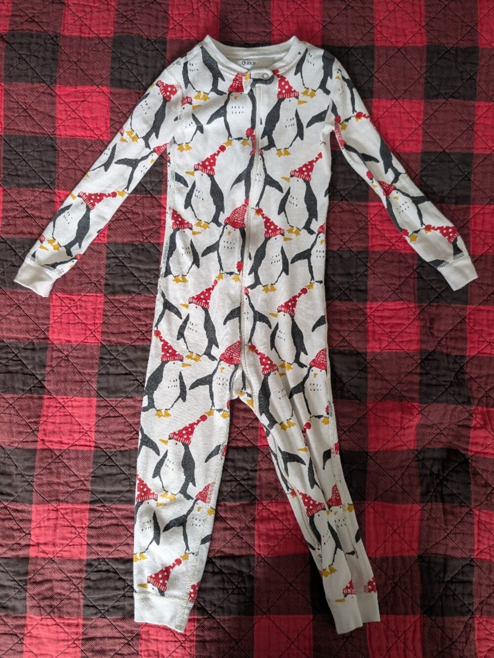 Quince White Penguin Print Footed One-Piece with Red Hats